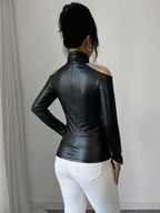 Women'S Fashion Slim Long Sleeve High Neck Off-Shoulder Top, Elegant Versatile Solid Color Machine Washable Casual Commute Elegant Style Women'S Top - Black
