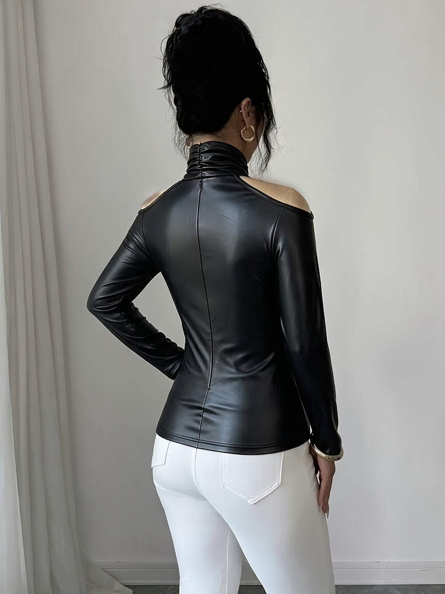 Women'S Fashion Slim Long Sleeve High Neck Off-Shoulder Top, Elegant Versatile Solid Color Machine Washable Casual Commute Elegant Style Women'S Top - Black