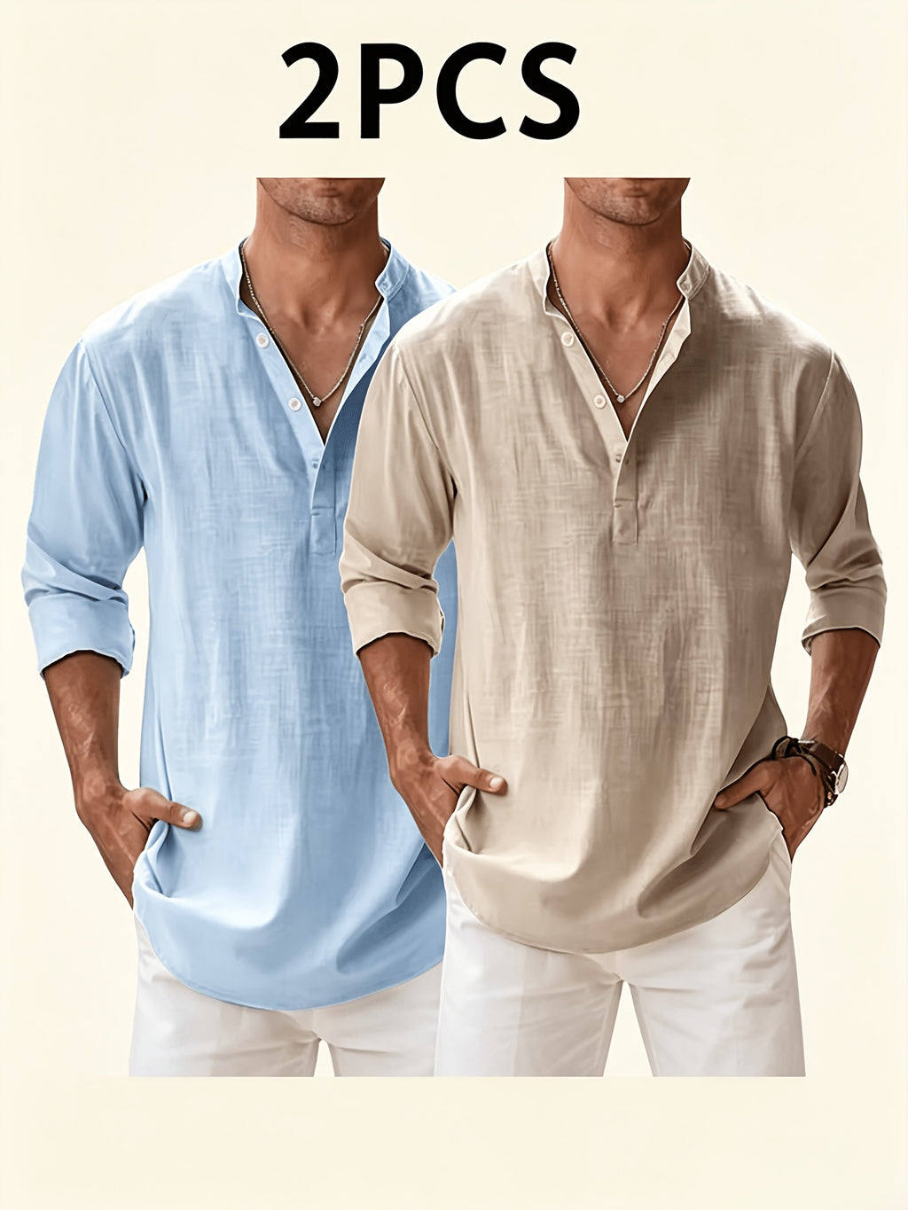 Men'S Solid Color Stand-Collar Linen Long Sleeve (2pcs Set), Breathable And Comfortable, Suitable for Spring And Autumn - Sky Blue+Khaki