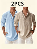 Men'S Solid Color Stand-Collar Linen Long Sleeve (2pcs Set), Breathable And Comfortable, Suitable for Spring And Autumn - Sky Blue+Khaki