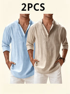 Men'S Solid Color Stand Collar Linen Long Sleeve (2-Pc), Breathable And Comfortable, Suitable for Spring And Autumn Wear - Sky Blue+Khaki