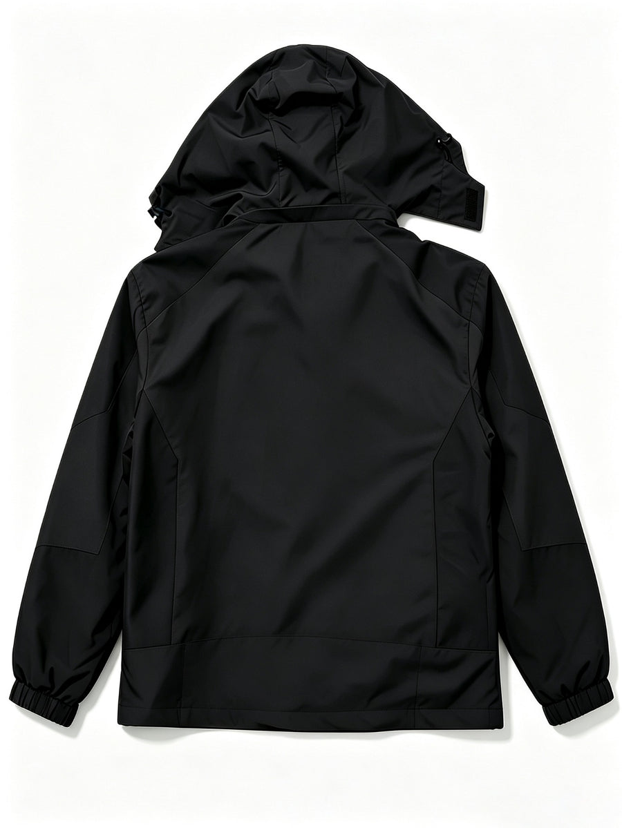 Men's Sport Hooded Jacket, Black Color-Block Windbreaker, Adult Printed Top with Detachable Hood - Black