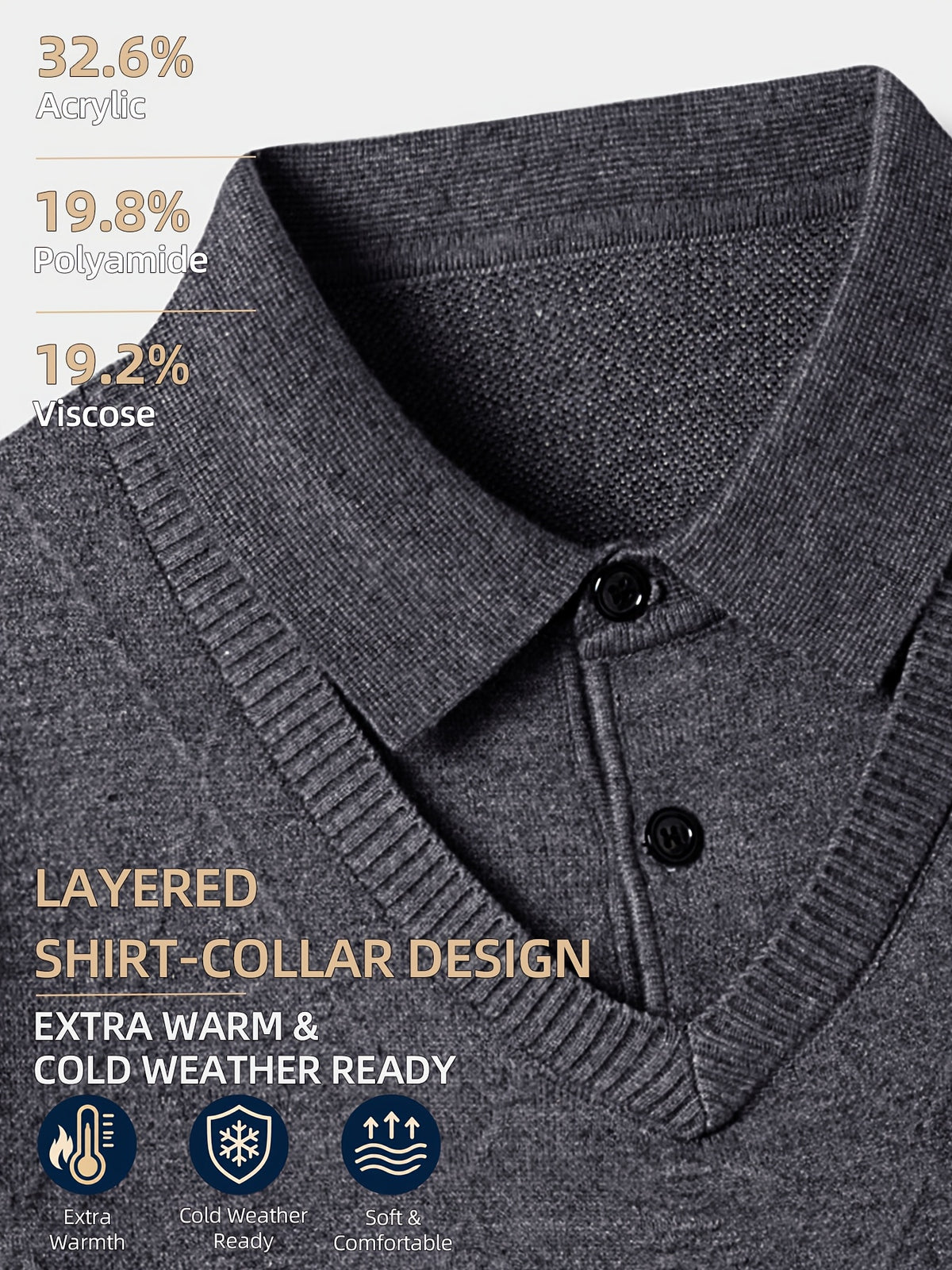 Men's Grey Polo Sweater, Faux 2pcs Shirt-Collar Design, V-Neck & Subtle Diamond Knit Pattern, Classic Refined Style, Warm Autumn Winter Pullover for Casual Wear, Golf & Outdoor Activities - Dark Gray