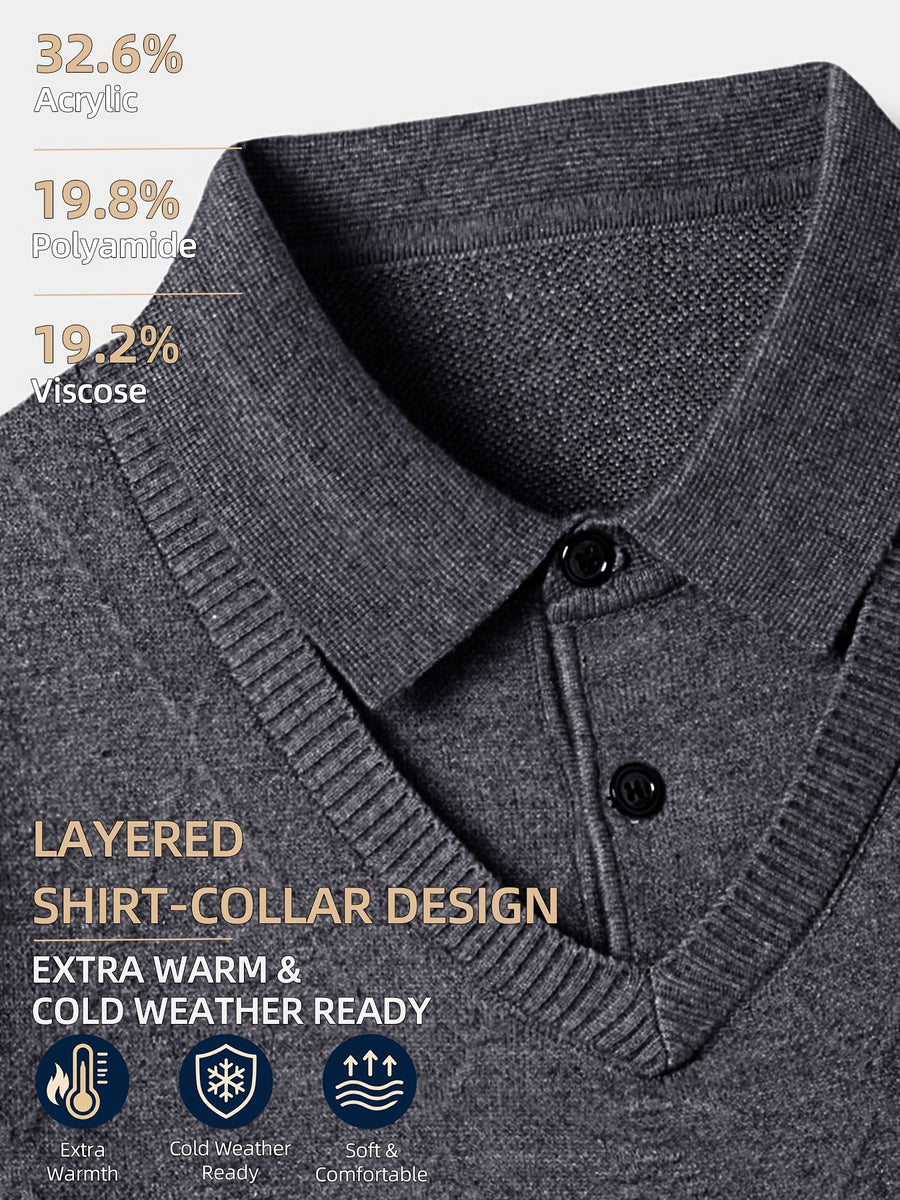 Men's Grey Polo Sweater, Faux 2pcs Shirt-Collar Design, V-Neck & Subtle Diamond Knit Pattern, Classic Refined Style, Warm Autumn Winter Pullover for Casual Wear, Golf & Outdoor Activities - Dark Gray