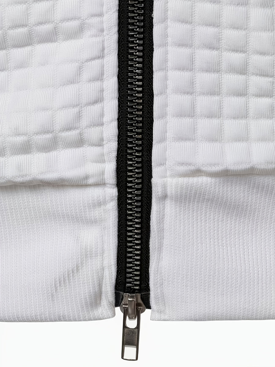Spring/Autumn New Men's Solid Color Lapel Waffle Knit Long Sleeve Zipper Jacket, Comfortable and Breathable Outdoor Sports Men's Outerwear, Practical Jacket - White