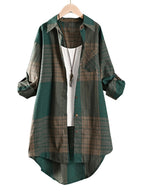 Elegant Special, Casual Vintage Mid-Length Shirt for Women, New Striped Plaid Loose Long Shirt, New Fashion Long Sleeve Women's Shirt - Green