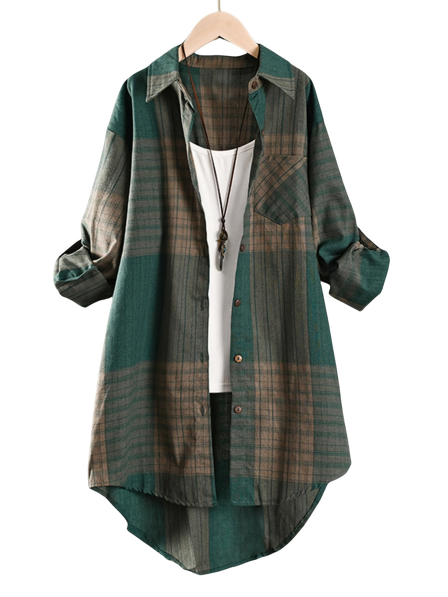 Elegant Special, Casual Vintage Mid-Length Shirt for Women, New Striped Plaid Loose Long Shirt, New Fashion Long Sleeve Women's Shirt - Green