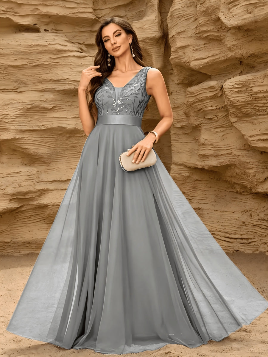 Fashionable Sexy New Women'S Sequin Mesh Patchwork A-Line Party Dress - Grey