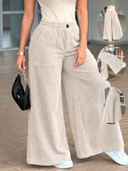 Women's Corduroy Fashion Casual Wide-Leg Pants with Multi Patch Pockets Design, Elegant Loose Straight-Leg Trousers with Nice Drape, High-Waisted Draping Wide-Leg Casual Pants - Ivory White