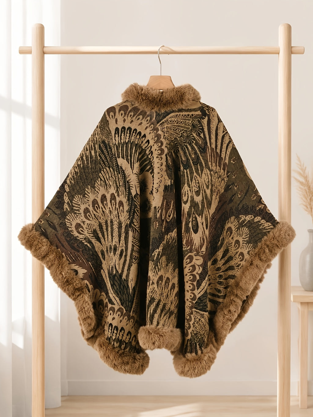 Women's Faux Trim Cape Shawl, Pea Rooster Pattern Acrylic Poncho Wrap, Open Front Sleeveless Fall Winter Outerwear - Camel
