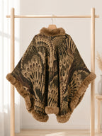 Women's Faux Trim Cape Shawl, Pea Rooster Pattern Acrylic Poncho Wrap, Open Front Sleeveless Fall Winter Outerwear - Camel