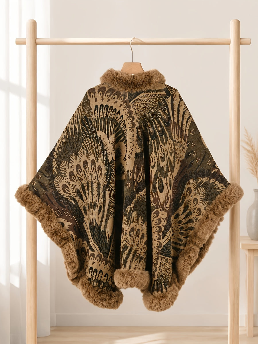 Women's Faux Trim Cape Shawl, Pea Rooster Pattern Acrylic Poncho Wrap, Open Front Sleeveless Fall Winter Outerwear - Camel