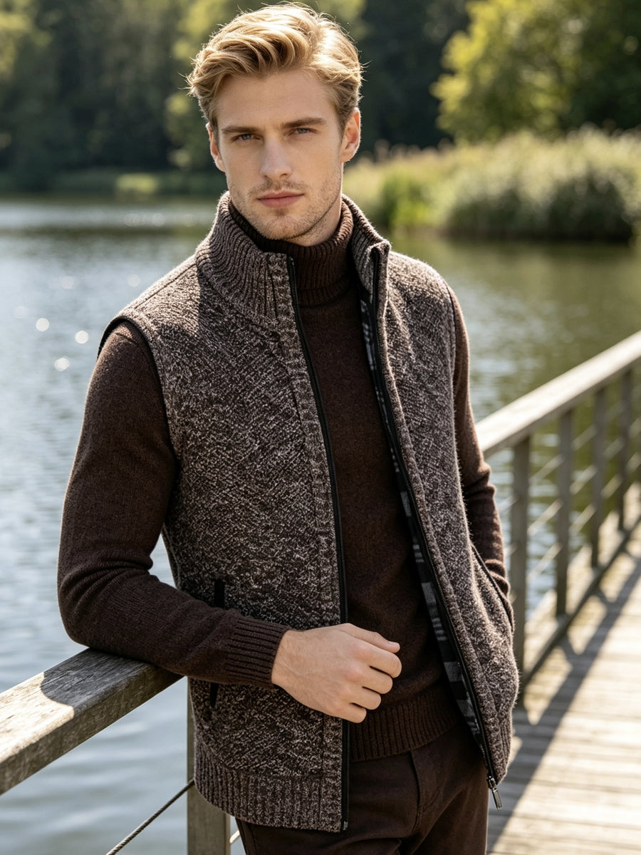 Men'S Stand Collar Zip-Up Vest, Thick Warm Sleeveless Sweater Waistcoat Gilet, Casual Fall Winter Outerwear Sleeveless Cardigan for Daily Commute Outdoor Street Wear - Coffee Color