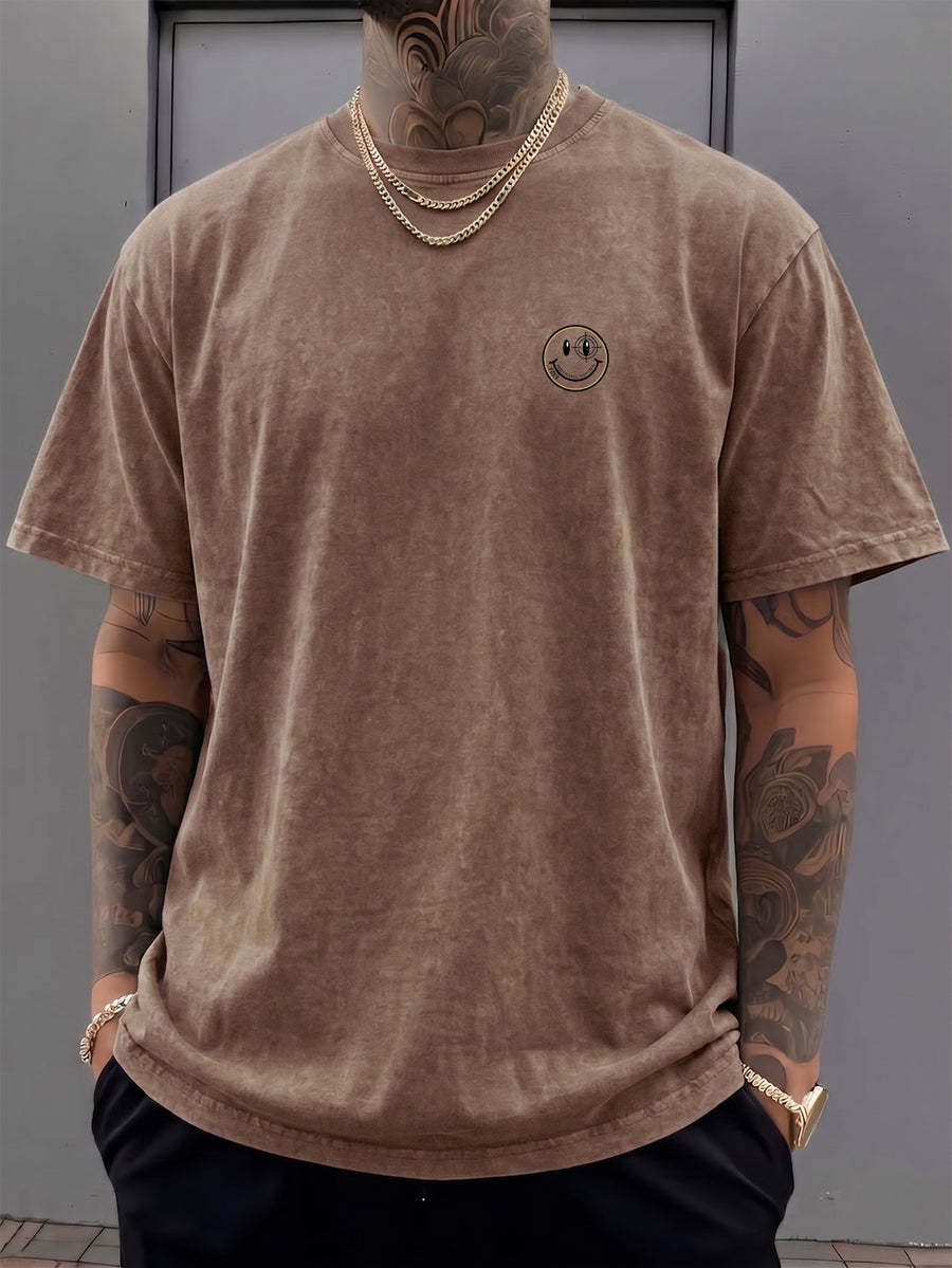 Short-sleeve T-shirt, Half-sleeve Top with a Small Joyful Face and Simple Circular Logo Print on the Chest, Trendy Print Available in 12 Colors for  Mix-and-match. Made of Pure Cotton with a Washed and Distressed Effect, Featuring a Loose Fit. - Brown