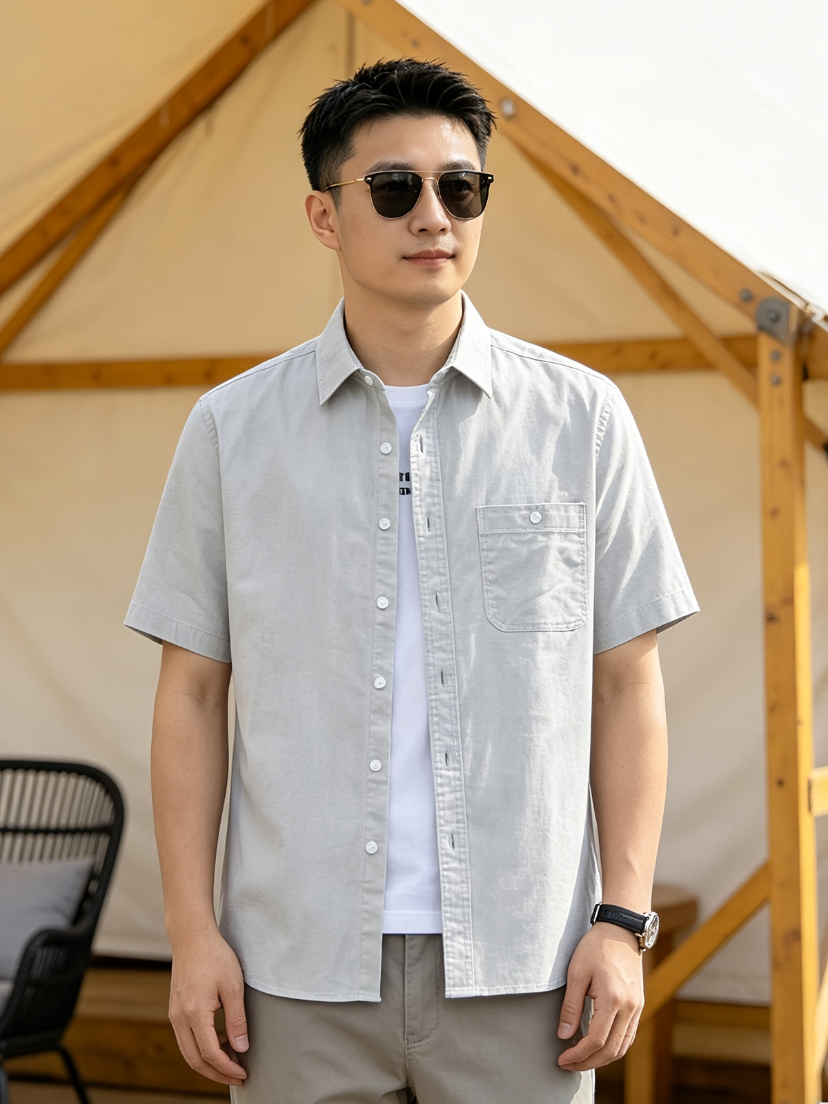 Men'S Casual Short Sleeve Shirt, Loose Easy Fit, Lightweight Breathable, Daily Summer Versatile Top - Apricot