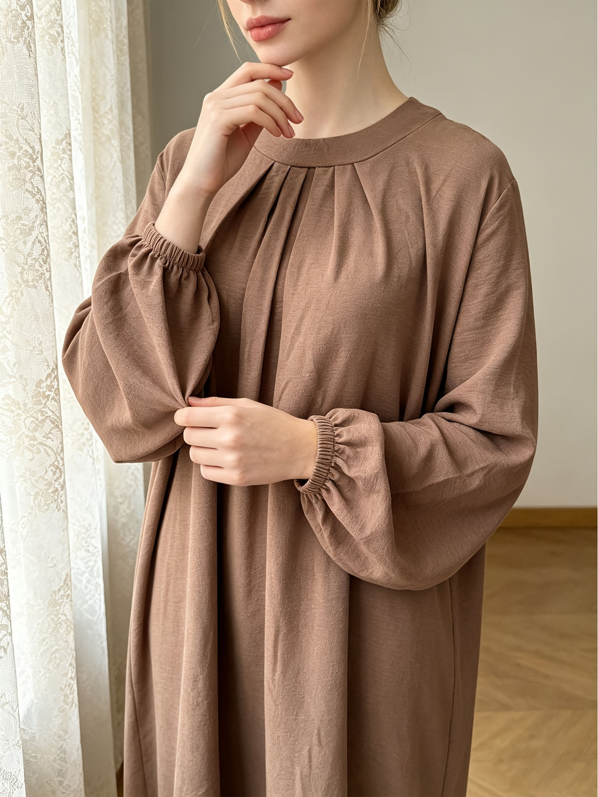 1pc (Headscarf Not Included) Solid Color Ruffled Neckline Long Robe Elegant Dress All-Season Casual Party Wear (Abaya) Women'S Muslim Attire Muslim Robe Ladies Summer Abaya Women'S Clothing - Khaki