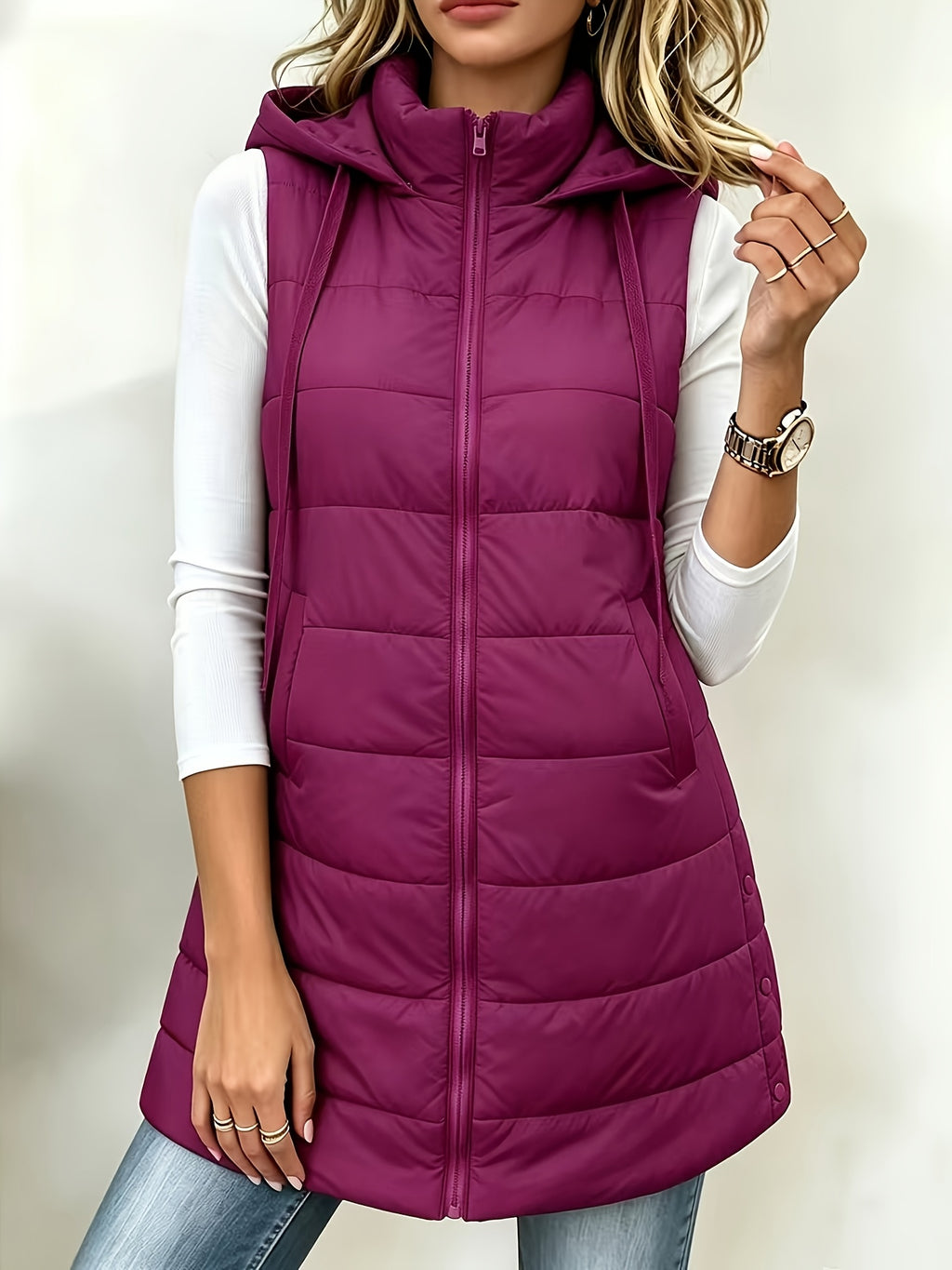 Autumn/Winter Women's Fashion Casual Stand Collar Hooded Vest Padded Coat Warm Outerwear - Deep Red