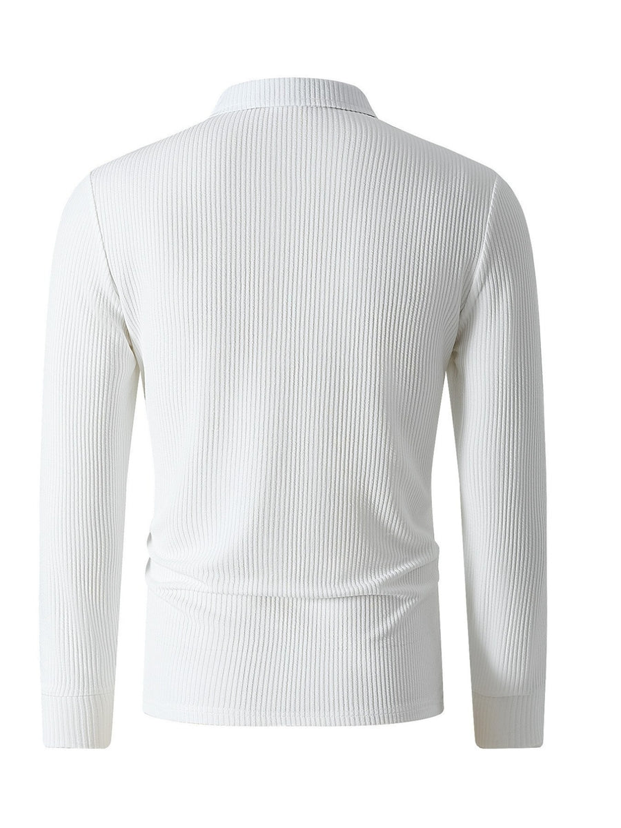 Autumn Men'S Ribbed Long Sleeve Polo Shirt Print Half-Zip Stand Collar Slim Fit Breathable T-Shirt - White