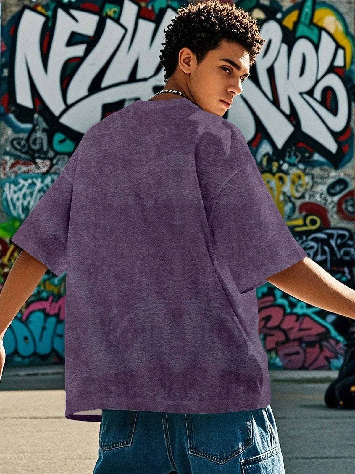 Men's American Tie-Dye Short Sleeve Street Style Shark Print Tie-Dye T-Shirt - Purple