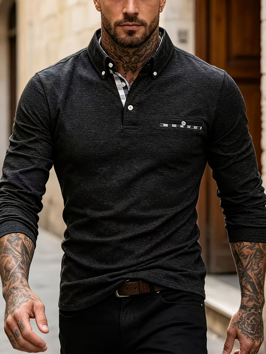 EnglishContrast Pocket Long Sleeve Collared Polo Stretch Slim Fit Business Casual Men T Shirt - Black
