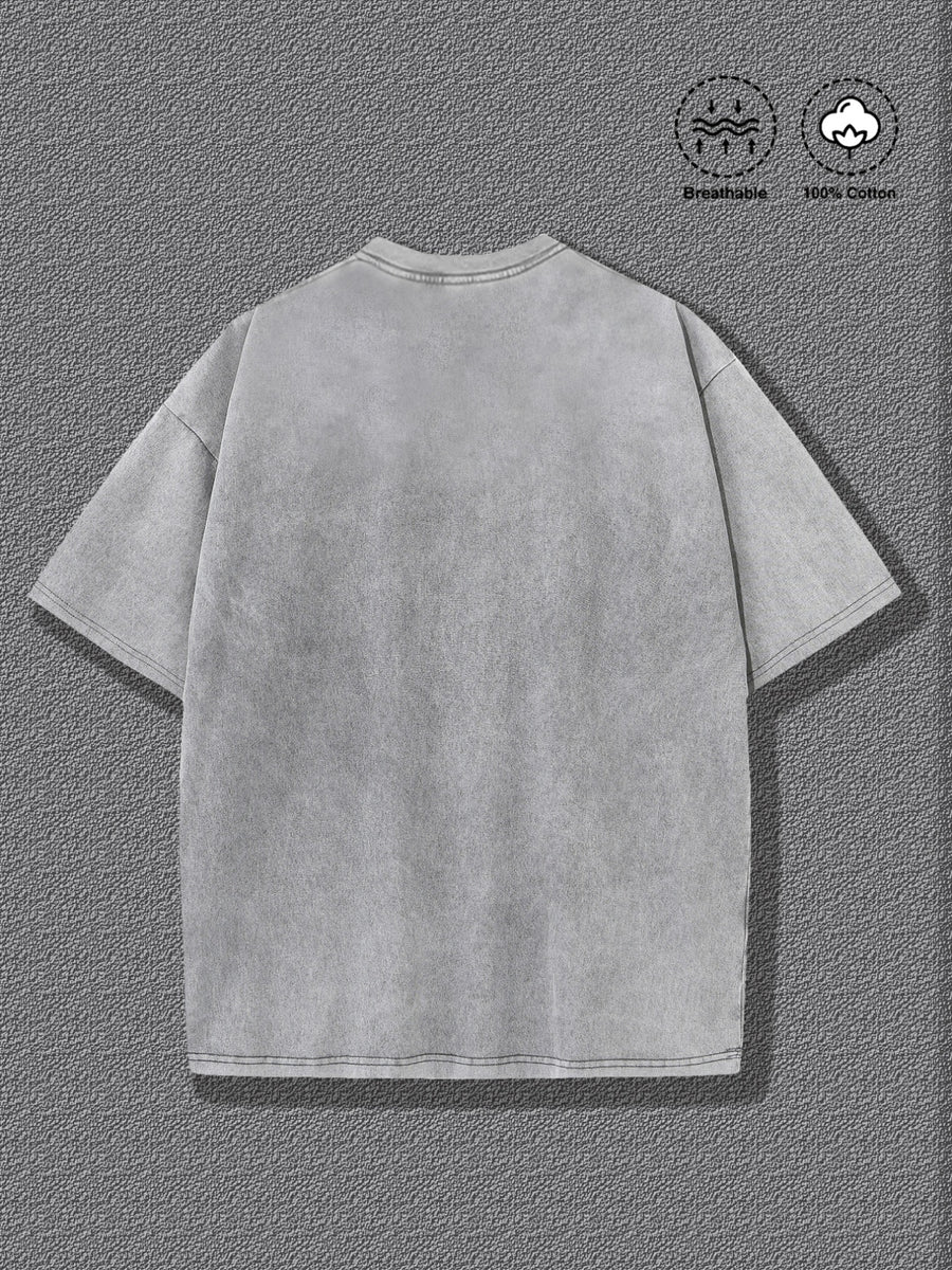 Men's 100% Pure Cotton Short-Sleeve T-Shirt, Summer Casual Versatile Crew Neck Top with Geometric Line Abstract Art Print, Breathable and Sweat-Wicking Fabric, Vintage Washed Distressed Style, Suitable for Daily Commuting, Parties, and Running - Grey