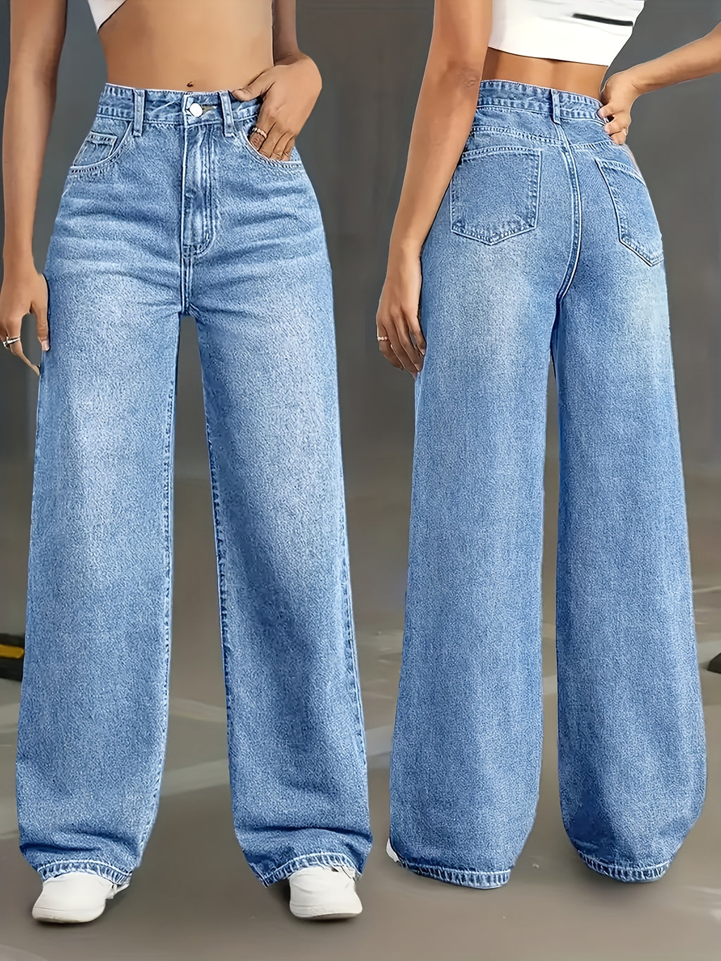 Women's High-Waisted Wide-Leg & Straight-Leg Jeans Pants - Stretch Denim Trousers with Washed Blue Color, Tight-Fitting Top & Loose Bottom for all-Season Wear, Suitable for Work, Travel, Office - Elegant Special Line (In Stock) - Medium Blue