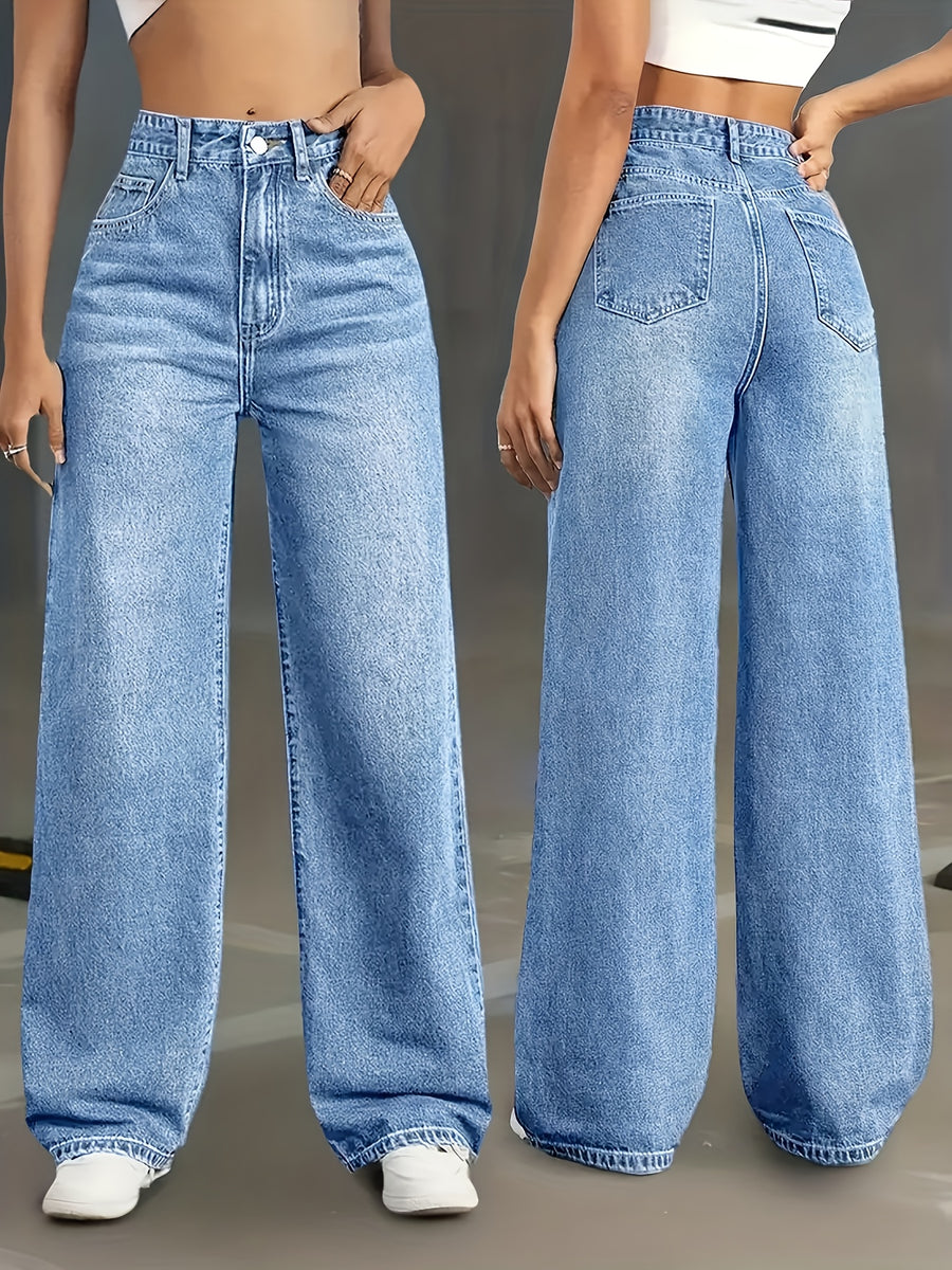 Women's High-Waisted Wide-Leg & Straight-Leg Jeans Pants - Stretch Denim Trousers with Washed Blue Color, Tight-Fitting Top & Loose Bottom for all-Season Wear, Suitable for Work, Travel, Office - Elegant Special Line (In Stock) - Medium Blue