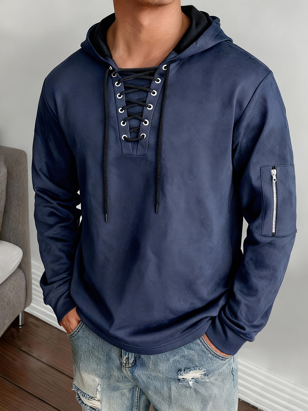 Men'S Drawstring Hooded Sweatshirt, Faux Texture Long Sleeve Hooded Top with Zipper Pockets, Casual Street Style Daily Wear, Gift Idea - Navy Color