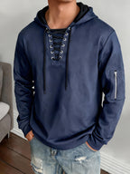 Men'S Drawstring Hooded Sweatshirt, Faux Texture Long Sleeve Hooded Top with Zipper Pockets, Casual Street Style Daily Wear, Gift Idea - Navy Color