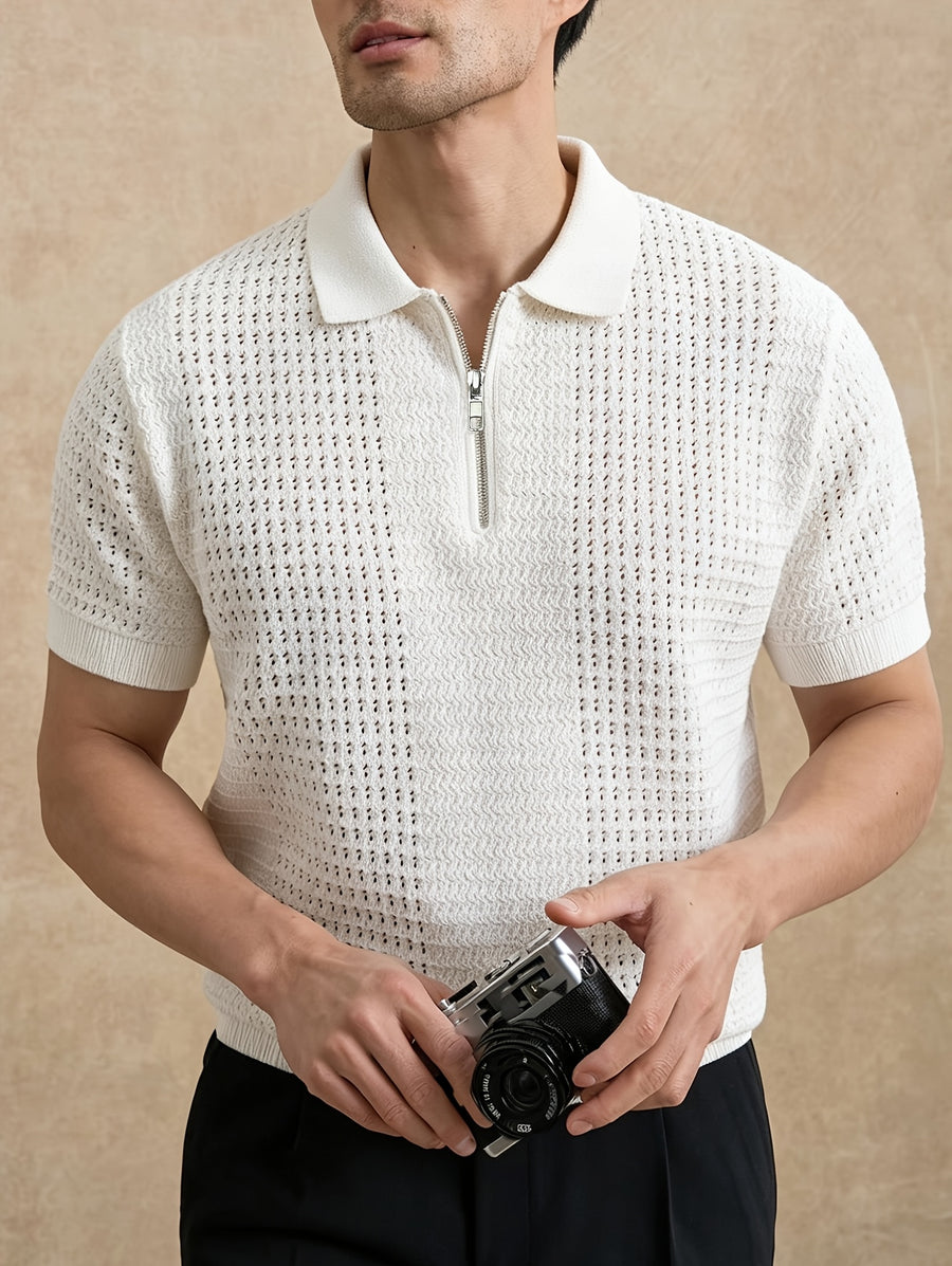 Men'S Knit Sweater in Stock Summer Premium Style New Short Sleeve Top Old Money Style Men'S Trendy Brand Lapel Hollow Sexy Knit Sweater Top in Stock - White