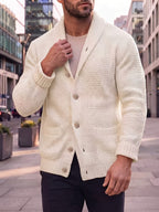 Men'S Casual Athletic Sweater, Knit Pullover, Men'S Open-Front Cardigan Jacket, Lapel Design, with Retro Gentleman Vibe, Comfortable Fit, Button-Front Closure, Suitable for Light Mature Commute, Street Casual, Light Business Styles - Milky