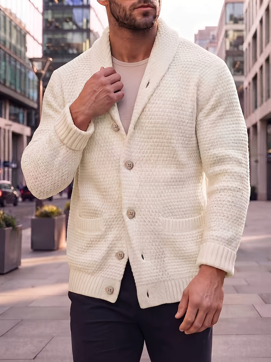 Men'S Casual Athletic Sweater, Knit Pullover, Men'S Open-Front Cardigan Jacket, Lapel Design, with Retro Gentleman Vibe, Comfortable Fit, Button-Front Closure, Suitable for Light Mature Commute, Street Casual, Light Business Styles - Milky