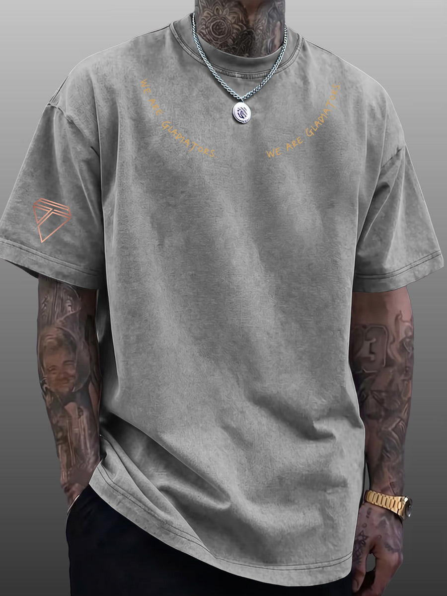 Short Sleeve T-Shirt Men'S Loose Washed Distressed Top Arched Text Triangle Geometric Trendy Print Multi-Color Casual Matching American Street High Street Hip-Hop Couple Style Short Sleeve Daily Outing Commuting Sports Fitness Street Style Y2K Top - Grey