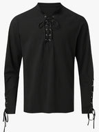 New Medieval Men'S Pirate Shirt Retro V-Neck Lavender Punk Gothic Blouse Viking Tie-Up Top - Black