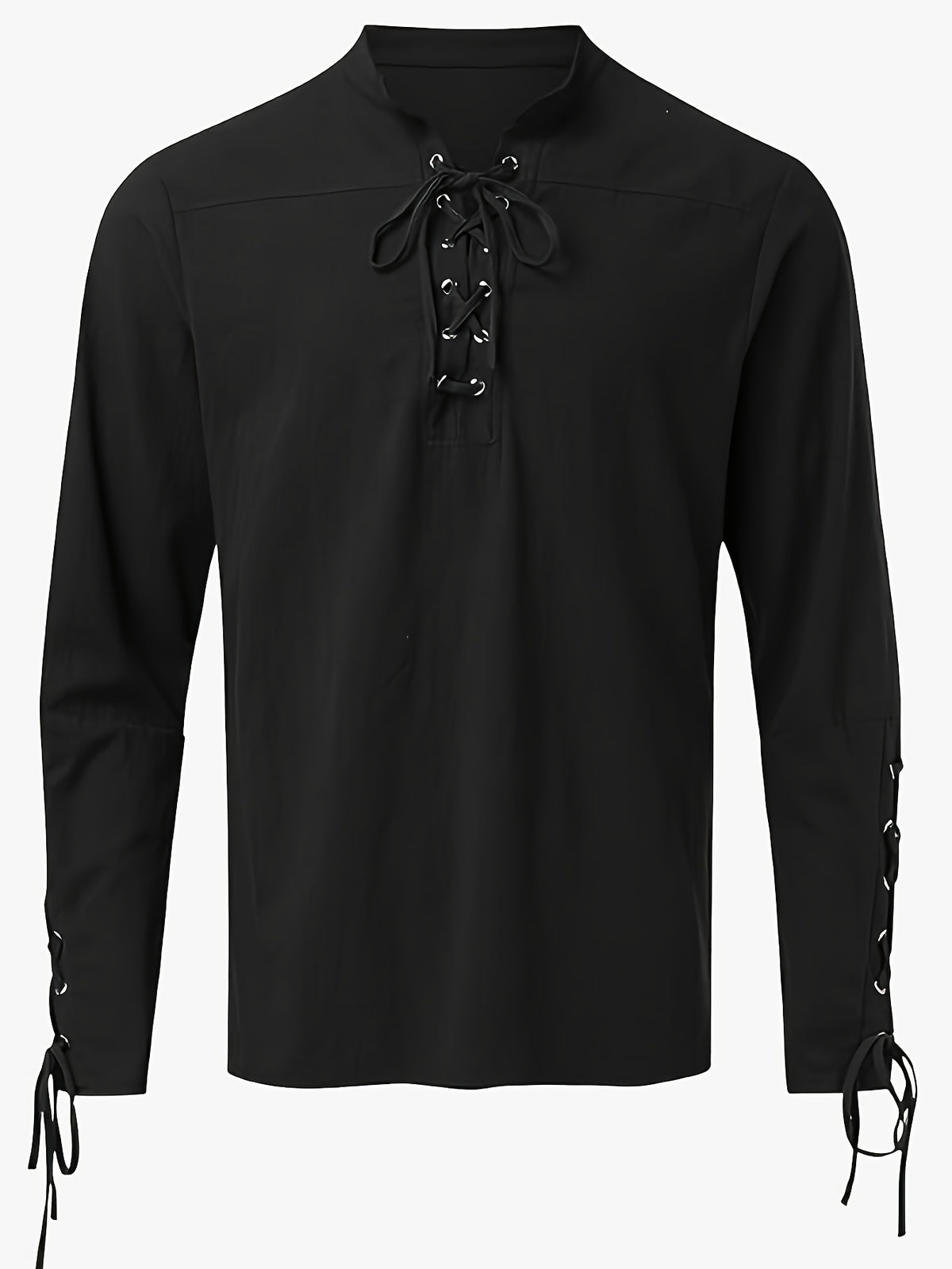 New Medieval Men'S Pirate Shirt Retro V-Neck Lavender Punk Gothic Blouse Viking Tie-Up Top - Black