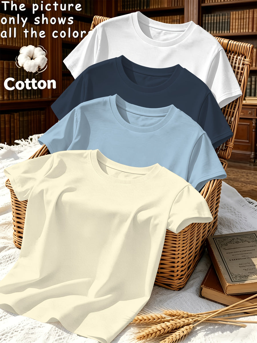 4pcs Set, Spring/Summer 4pcs Set, Solid Color Crew Neck Fashionable Simple Sweet Loose Short Sleeve T-Shirt, Summer/Spring Women's 4pcs Top Set - Light Beige Apricot + Light Blue + Navy Blue + White