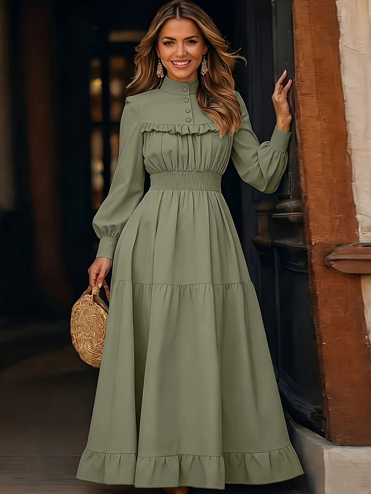 Spring Summer Court Style Olive Green Stand-Up Collar Dress, Wood Ear Trim Puff Sleeve Cable Waist, Vintage Elegant Flared Long Skirt Women'S 3A11378-1 - Matcha Color