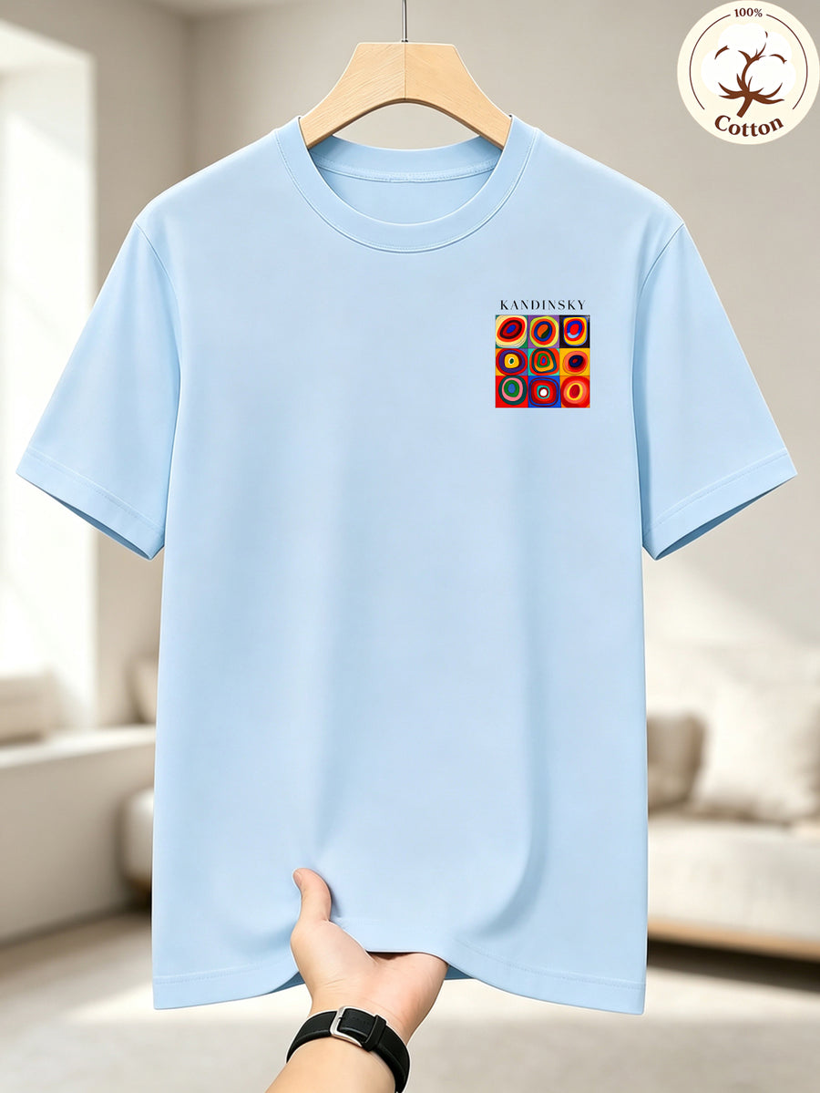 New High Quality Men's T Shirt 100% Cotton, Artistic Geometric Colorful Squares Print, Casual Daily Wear Streetwear Fashion, Short Sleeve Round Neck Top Machine Washable - Sky Blue