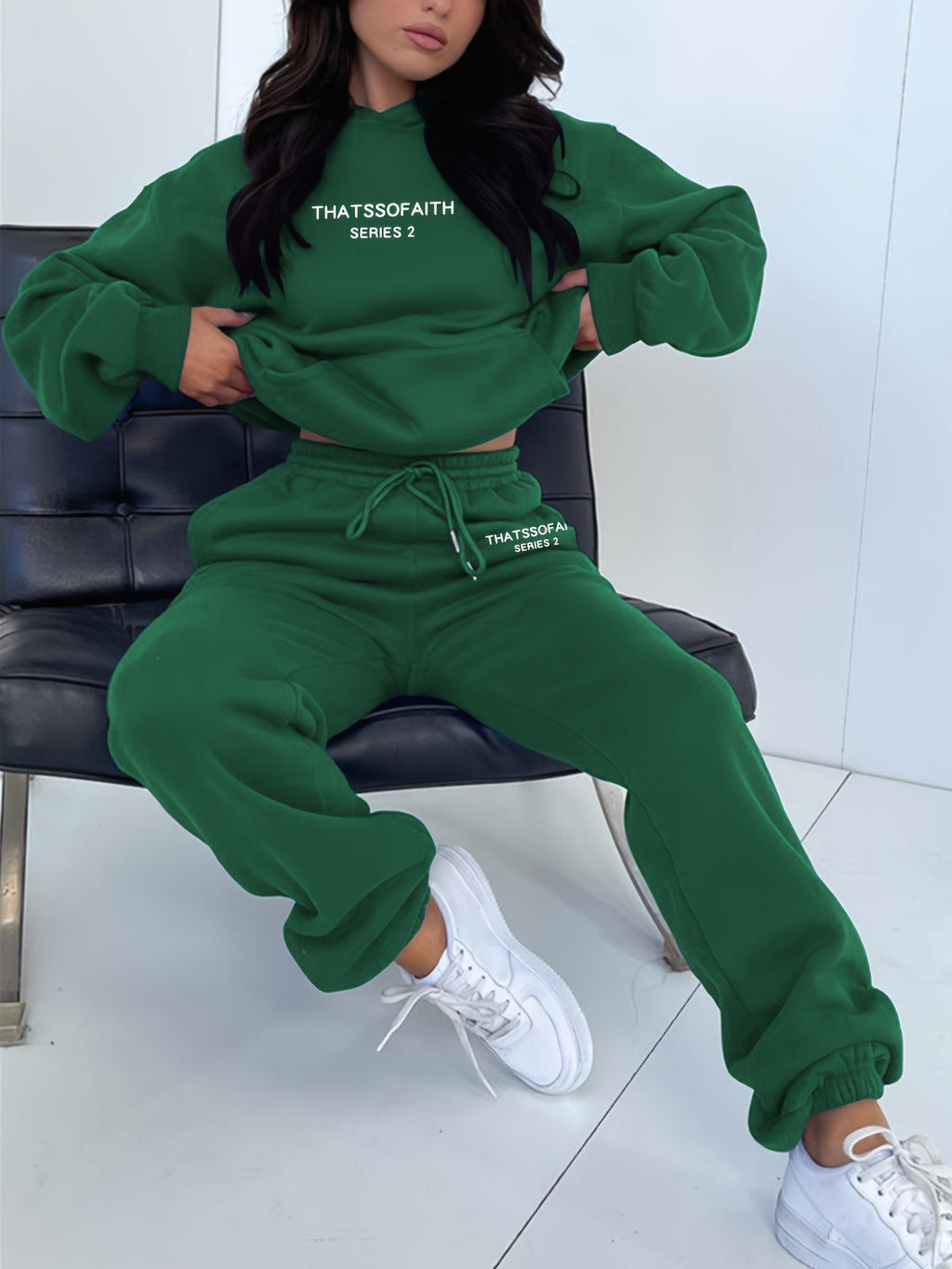 Women'S Letter Print Sweatshirt And Long Pants Fashion Outfit - Dark Green
