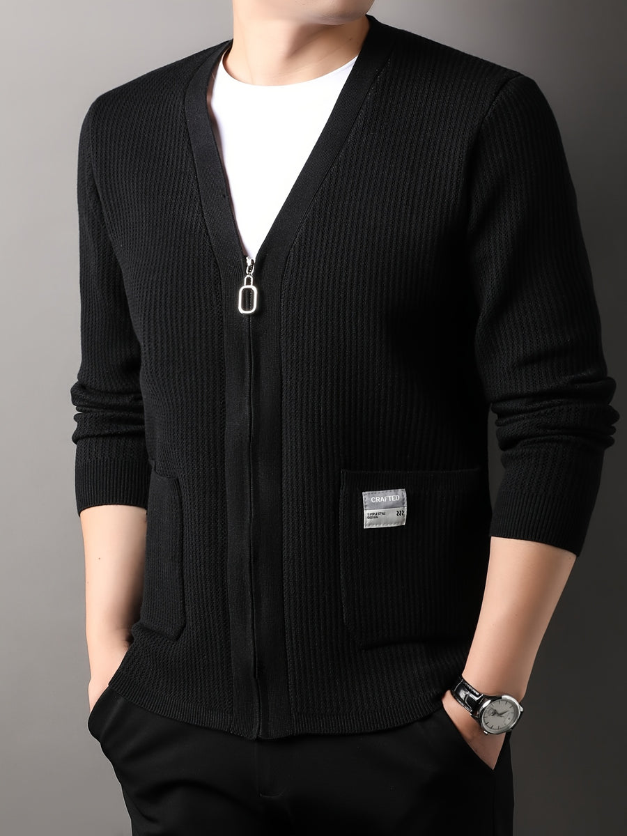 Men's Old Money Style Knit Cardigan Sweater Jacket - Solid Color V-Neck Zipper Front with Side Pocket, Open Front Zipper Suitable for Business Casual, Layering for Golf, Outdoor, Vacations, Spring/Autumn Wear, Versatile for Daily Outfits - Black