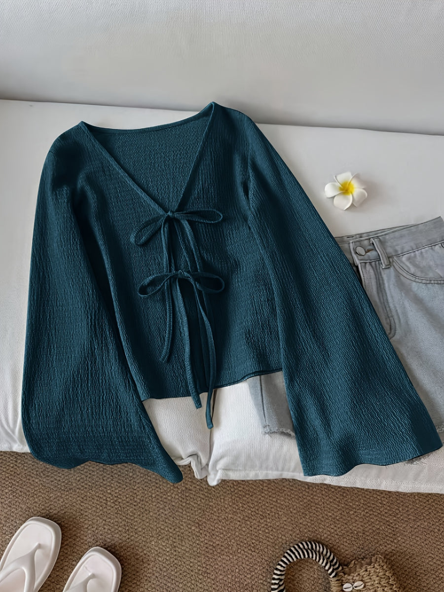 Solid Color Front-Tie Bow Open-Front Fashion Flared Sleeve Blouse New Women'S Short Top - Malachite Green