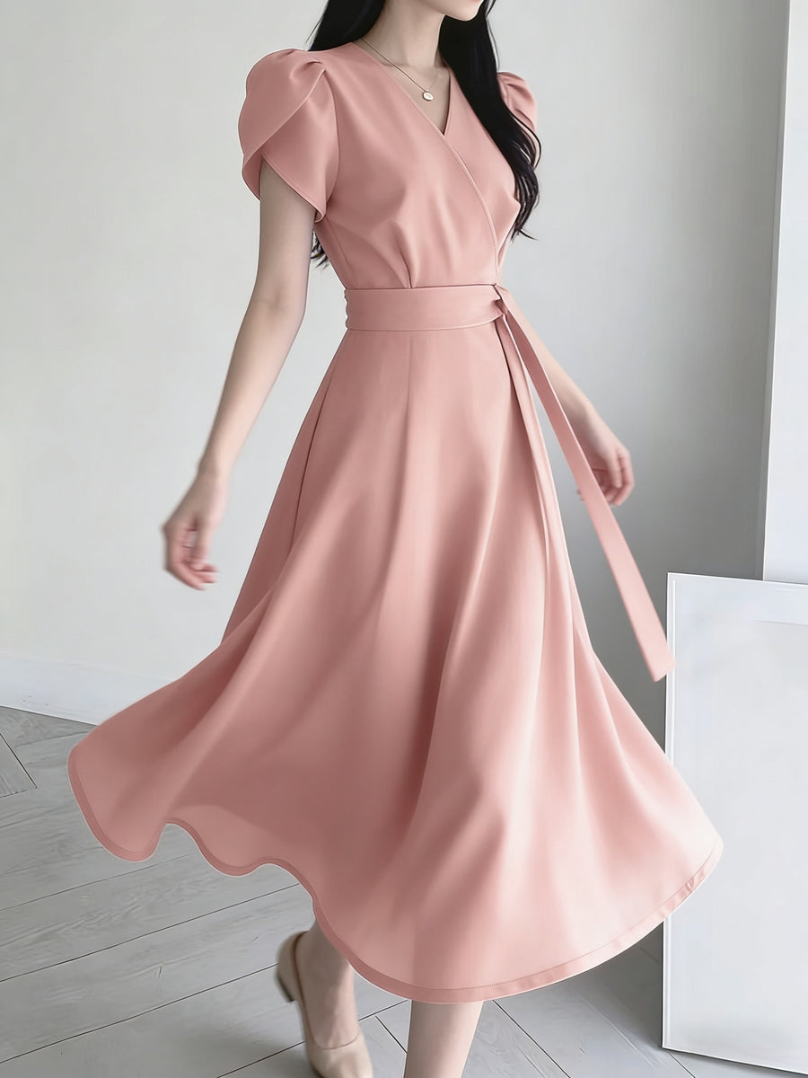 Women'S Belt Dress, Solid Color Loose Elegant Puff Sleeve V-Neck Tie-Waist A-Line Midi Dress - Lightweight Breathable Summer Commute And Party Dress, Suitable for Wedding Guest, Party Or Summer Outfit, Casual Commute - Pink