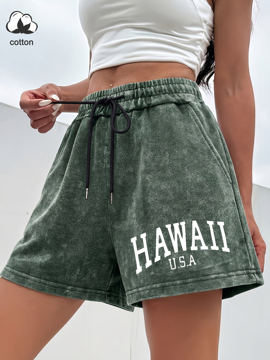 Western Trendy Hawaiian Letter Print Casual Distressed Women'S Shorts, Elastic Drawstring Waist Design, Versatile Home Wear, Lifestyle Fashion - Dark Green