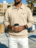 Men'S Diamond Pattern Long Sleeve Polo Shirt with Textured Collar And Pullover Style, All-Match Business Casual Top (Random Texture) - Apricot