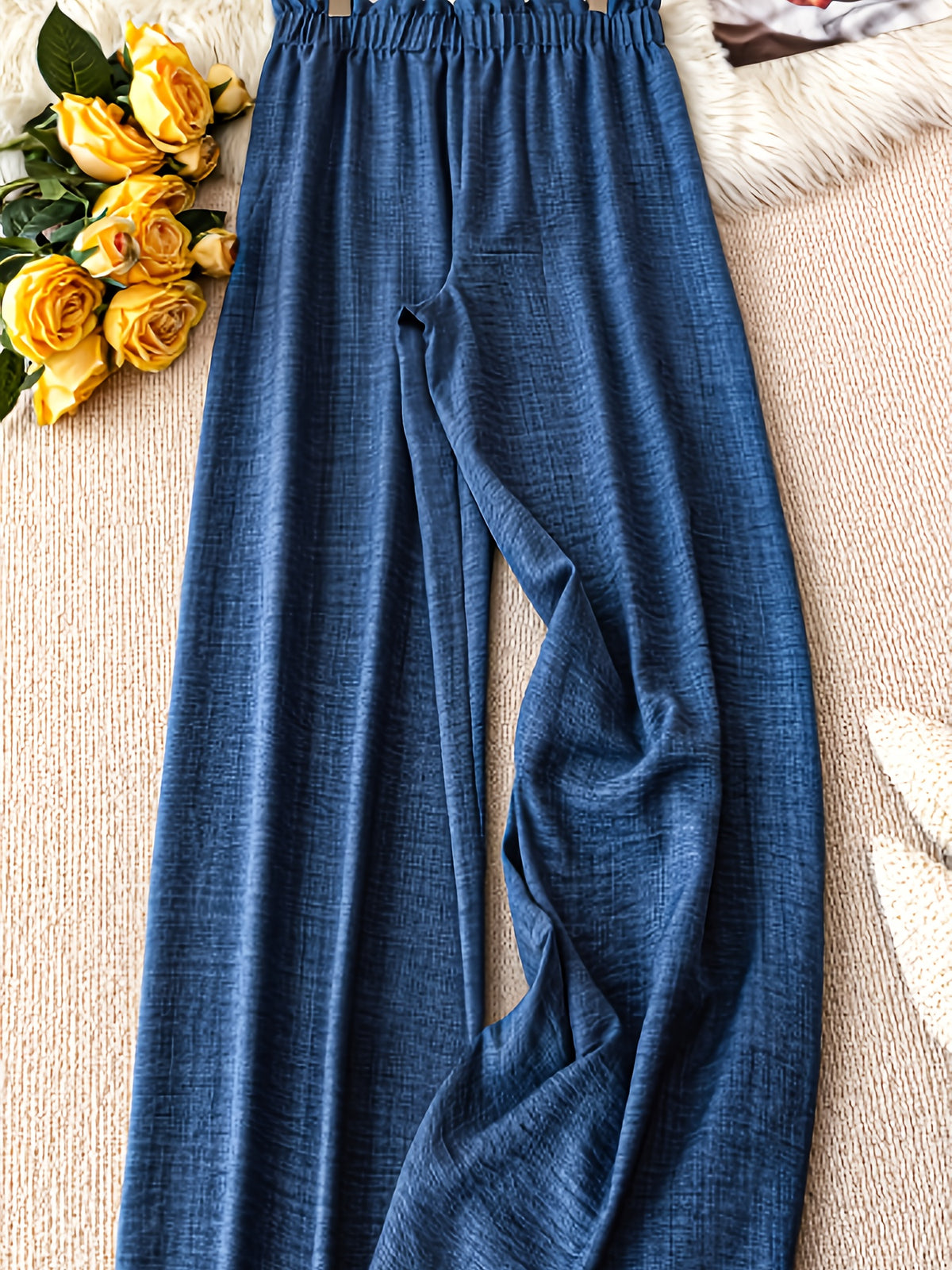 Women's Elegant Solid Color Faux Drawstring Waist Comfortable Long Pants - Blue