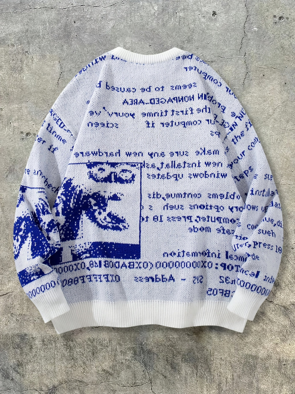 Autumn/Winter New Arrival European, American, Japanese, and Korean Style Unisex Casual Vintage Abstract Letter Newspaper Pattern Jacquard Long Sleeve Fabric Crew Neck Pullover Knit Top for Men and Women - White
