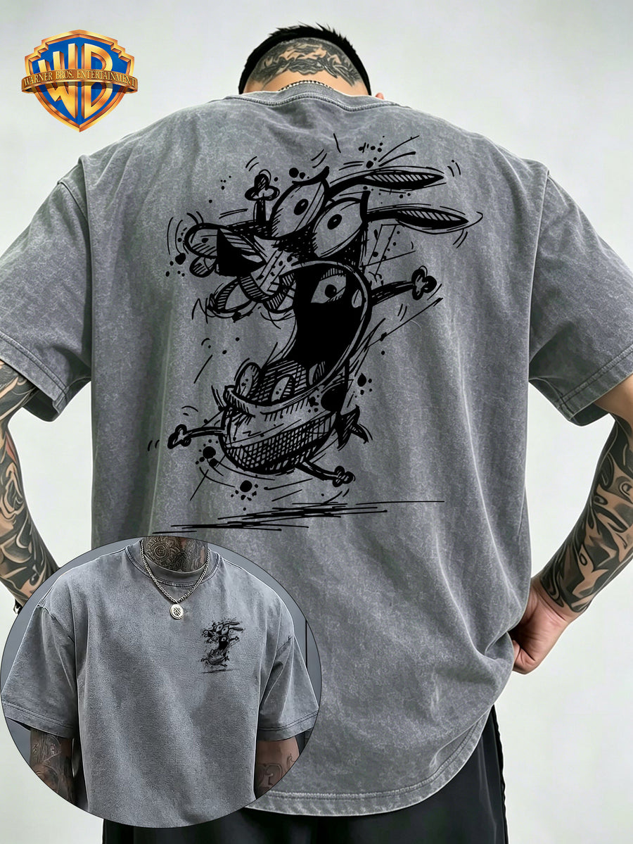 Timid Dog Sketch Line Print Washed Distressed T-Shirt, Men'S 100% Fabric, Casual Comfortable Style, Loose Fit Breathable Short Sleeve Men'S Casual Top, Distressed Washed Loose Fit - Grey