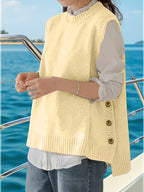 Round Neck Short Front And Long Back Button Sweater - Yellow