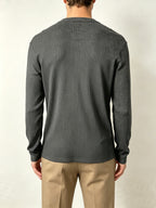 Men'S Black Vertical Ribbed V-Neck Long Sleeve T-Shirt, Easy Loose Drapey Solid Base Layer Commuter Casual Top - Grey