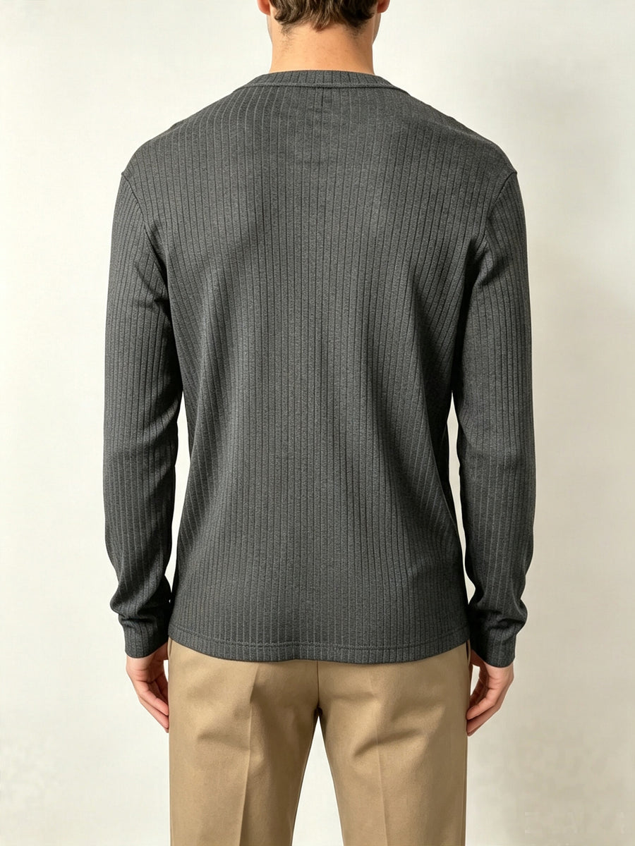 Men'S Black Vertical Ribbed V-Neck Long Sleeve T-Shirt, Easy Loose Drapey Solid Base Layer Commuter Casual Top - Grey